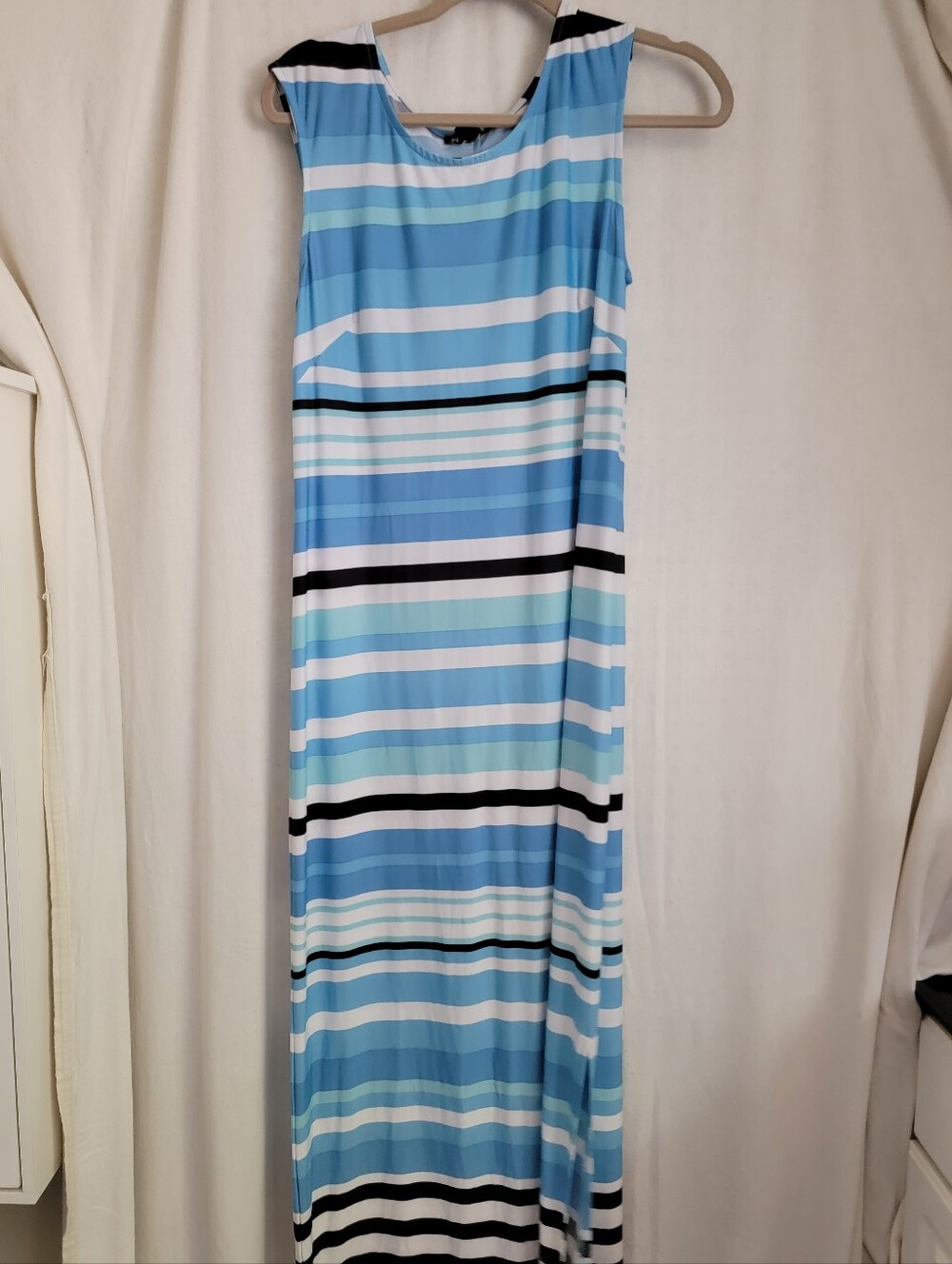 Sleeveless Blue & White Striped Asymmetrical Maxi Dress